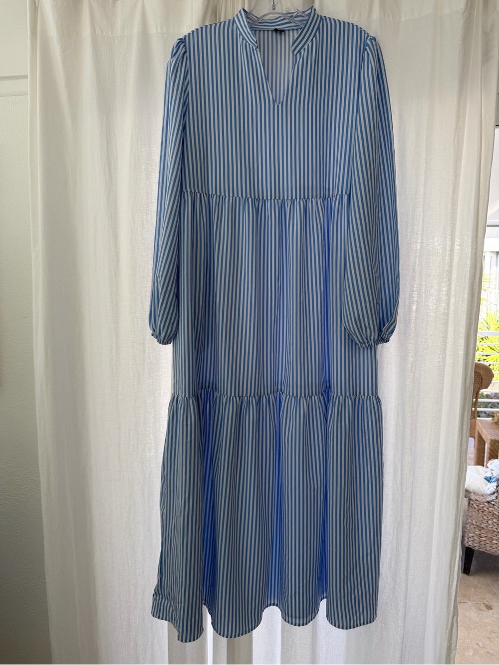 SHEIN Blue and White Striped Midi Tiered Dress